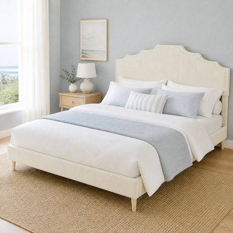 Lit 160x200 tête de lit géométrique tissu beige HAVRYA (1/5)