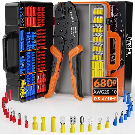 Kit de pince à sertir, pince à cosses avec mécanisme à cliquet + 680 connecteurs de câbles codés par couleur (0,5 à 6 mm²) – Kit complet pour voiture, installation électrique et bricolage (1/5)