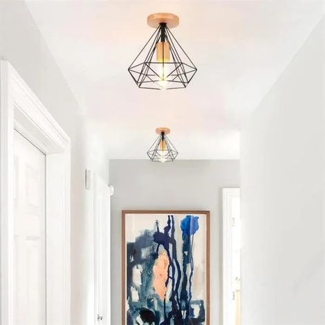 2pcs Plafonnier Industriel Rétro Couloir E27 25CM Lampe Plafonnier Vintage en Cage Diamant design Simple décoration pour (1/4)
