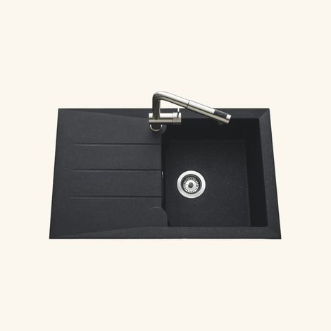 Kümbad – Évier résine noir moucheté 81x50 cm – 1 bac réversible avec égouttoir – Évier à encastrer avec vidage manuel – Fabriqué en France (1/5)