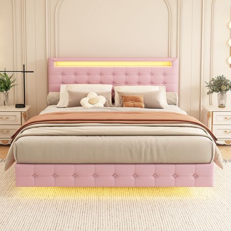 Lit double LED 140x200 cm, sommier suspendu, mousse PU, tête ajustable en hauteur (3 niveaux), rose