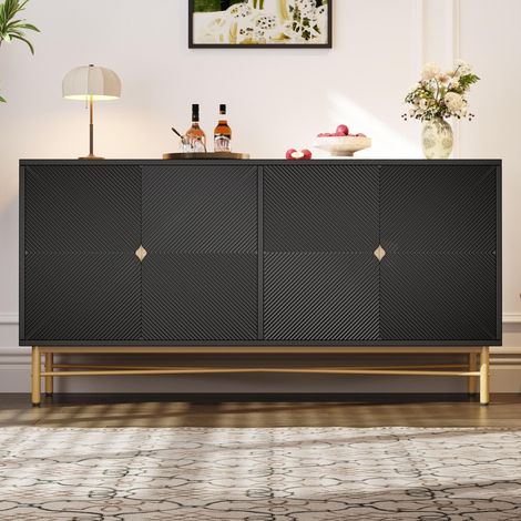 Credenza sideboard design contemporaneo 160 cm – grande mobile contenitore nero con 4 ante testurizzate, maniglie integrate e piedi dorati per soggiorno