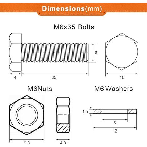 Boulons Et écrous, 10 Pièces M6 X 35mm Boulons à Six Pans Avec écrous et Rondelles Assortiment Acier Inoxydable A2 V2A M6 Vis Inox DIN933 / DIN934 / DIN125 (1/5)