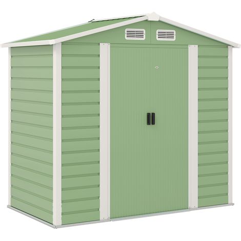 Outsunny caseta de jardín exterior 2,36m² 213x120x194 cm con base refuerzo (suelo no incluido) puertas correderas dobles candado ventanas verde claro (1/5)