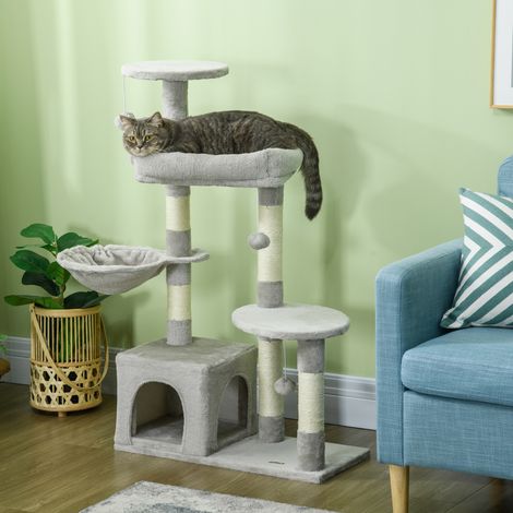 Arbre à chat hauteur 104 cm centre d'activités multi-niveaux colonnes renforcées 3 boules suspendues gris clair (1/5)