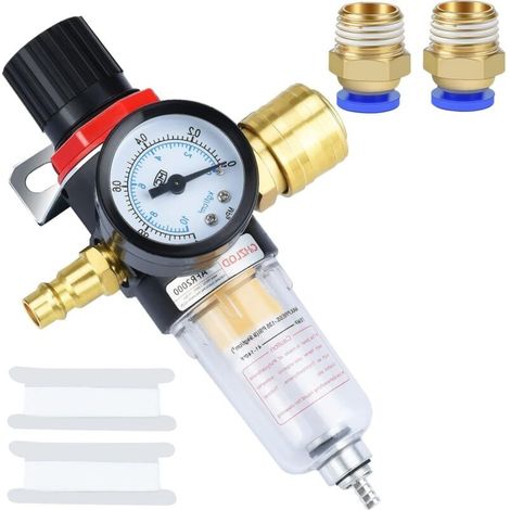 Détendeur d'air comprimé, filtre à air, régulateur de pression 1/4 BPS avec séparateur d'eau, raccords rapides allemands et manomètres (1/4)