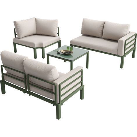 Conjunto de Jardín de 5 Plazas en Metal con Mesa de Cristal, 2 Sofás, Sillón y Cojines Gruesos, Beige (1/5)