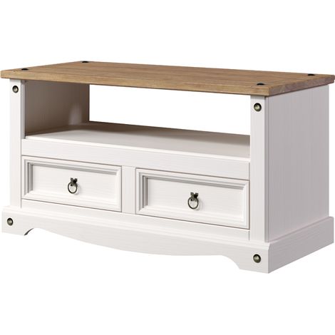 Flat Screen TV Unit - Pine - L43.5 x W95 x H51 cm - White Wax/Antique Waxed Pine - Flat Packed
