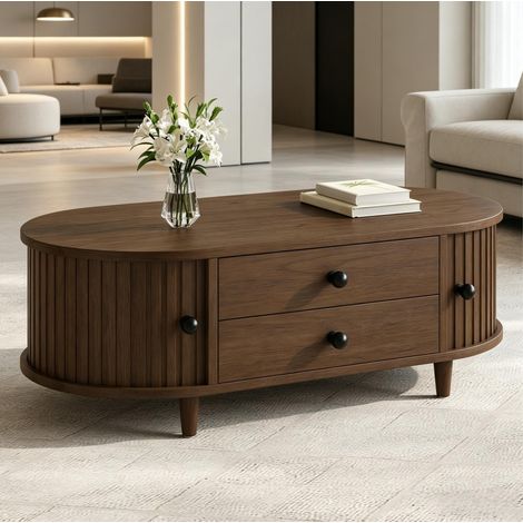 Mesa de centro nogal con puertas correderas y 2 cajones en MDF 100x50x36 cm OKWISH (1/5)