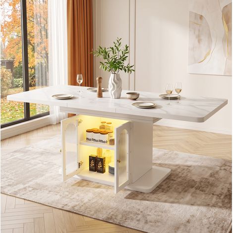 Ausziehbarer Esstisch 150/200 x 80 cm mit Stauraum, LED, weißer Marmoroptik OKMYHOME (1/5)