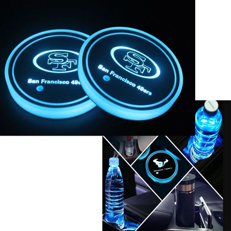 Lot de 2 sous-verres LED pour voiture (San Francisco 49ers, environ 68 x 68 x 8,5 mm) avec éclairage 7 couleurs, tapis de chargement USB, accessoires, décoration intérieure, éclairage d'ambiance (1/4)