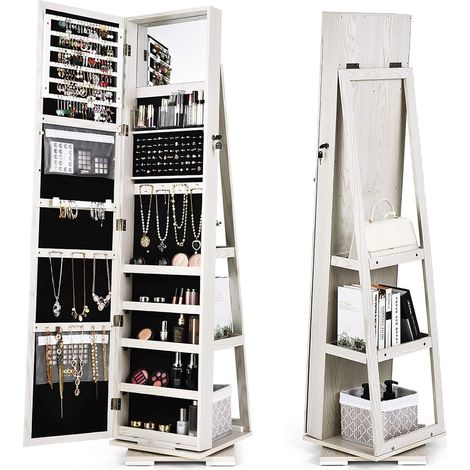 Goplus – Armoire à bijoux pivotante 360° avec miroir plein longueur – 6 étagères pour 120 boucles d'oreilles – Structure en MDF blanc – Verrou de sécurité (1/5)