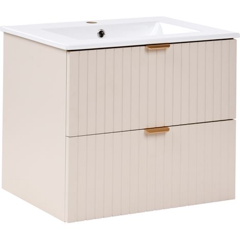 Mueble de pared para baño con lavabo 2 cajones frente acanalado tiradores dorados mueble suspendido beige Totorani (1/5)