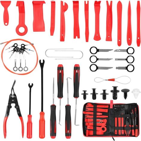 143PCS Outil Demontage Garniture Auto, Outils De DéMontage De Garnitures Trousse ​pour Panneaux de Garniture de Voiture Portes Tableaux de Bord Radios（Rouge ） (1/4)