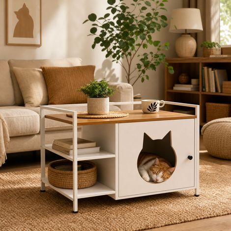 Mobile per lettiera multifunzionale con foro a forma di testa di gatto, tavolino con 2 ripiani e spazio di stoccaggio, mobile moderno per gatti per soggiorno e camera da letto (bianco e legno) (1/5)