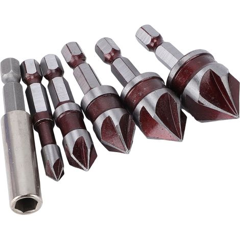 Lot de 5 forets à chamfreiner M35 acier rapide cobalt 5 arêtes queue hexagonale 1/4 3/8 1/2 5/8 3/4 po avec tige de raccord (1/5)