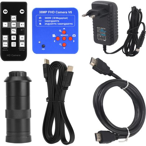 Caméra microscope industrielle 38MP HDMI USB avec objectif 100X, prise UE 110-240V, kit complet pour inspection (1/5)