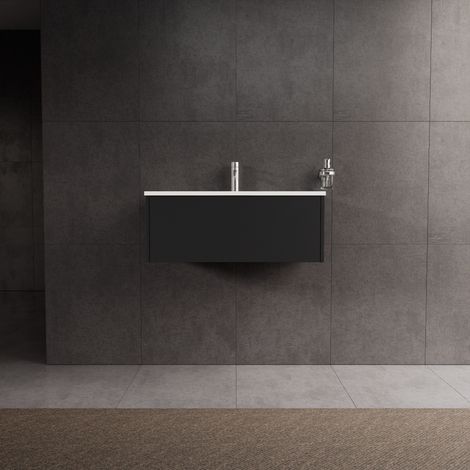 Inda - Badezimmerschrank 1 Schublade L.80 mit glänzendem Waschbecken / Mattschwarz - diamante