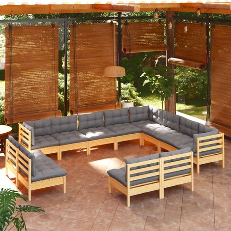 12-tlg. Garten-Lounge-Set mit Grauen Kissen Massivholz Kiefer vidaXL (1/5)