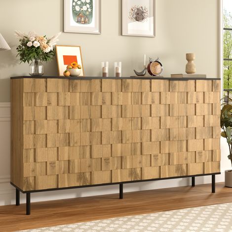 Sideboard aus Spanplatte in Natur-Holzoptik, 2 Türen, fester Einlegeboden, schwarze Metallfüße, 160 x 35 x 80,5 cm (1/5)