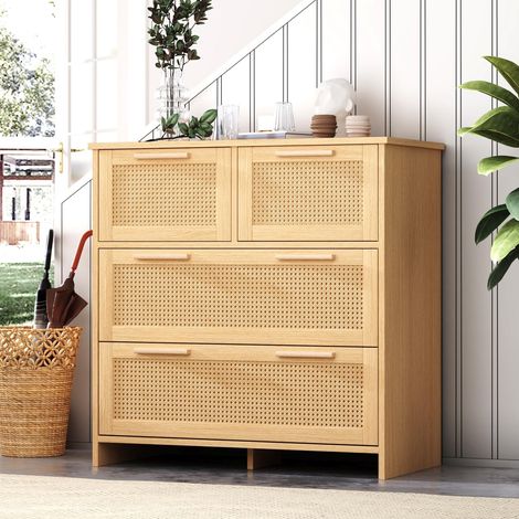 Comodino 80 cm, con 4 cassetti in rattan, maniglie in legno massello, stile rustico - naturale (1/5)