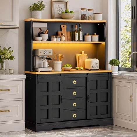 Buffet de cuisine 120x40x150 cm avec LED RGB, prises AC, USB, 4 tiroirs et étagères réglables, MDF - noir (1/5)