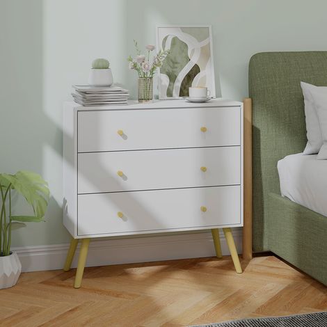 Commode 3 tiroirs design scandinave piètement effilé incliné bois pin panneaux blanc80 x 30 x 80 cm blanc
