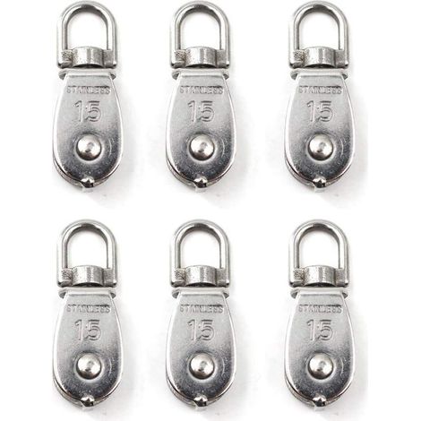 Lot de 6 poulies simples en acier inoxydable 304 de 15 mm, blocs rouleaux à une seule poulie, crochets pivotants pour grue, fils lisses, cordes, câbles, capacité de charge de 77 lb / 35 kg (1/4)
