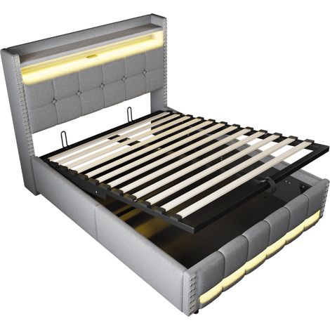 Polsterbett 140 x 200 cm aus Leinen in Hellgrau mit LED, USB und Stauraum (1/5)