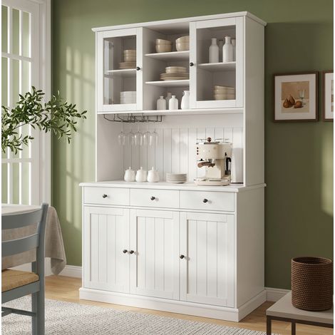 MODFU – Credenza alta 120x40x191 cm con ante in vetro, portabicchieri, 2 prese USB-A/USB-C e ripiani regolabili – Bianco (1/5)