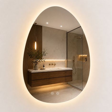 Relaxdays Badspiegel Kiesel, 75x52 cm, dimmbarer LED-Spiegel, 3 Licht-Modi, Anti-Beschlag, IP44, Badezimmerspiegel, Glas (1/5)