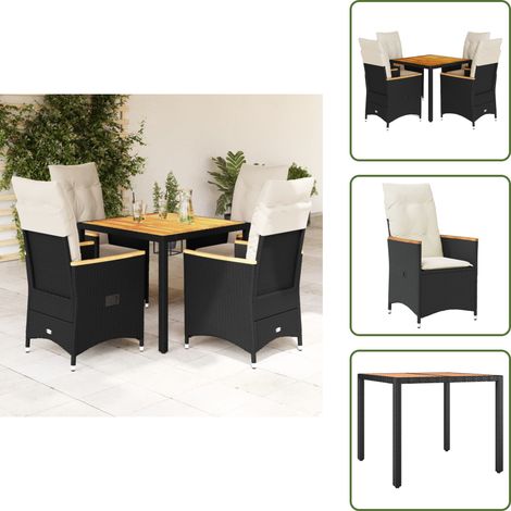 The Living Store Set da Pranzo da Giardino 5 pz Nero con Cuscini in Polyrattan - Sedie da giardino reclinabili