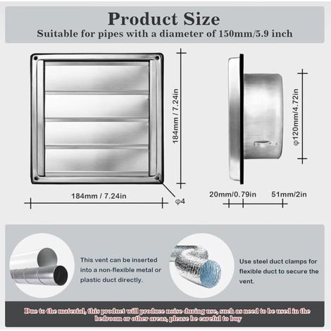 125mm Grille de ventilation, 304 inox Clapet anti-retour Grille de protection contre les intempéries, Grille de ventilation avec moustiquaire,Aeration INOX, pour tuyau VMC et gainage etc (1/5)