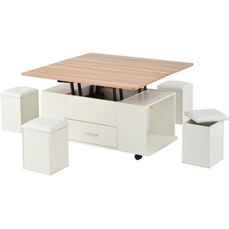Tavolino da caffè sollevabile multifunzione con 4 sgabelli, bianco effetto legno, 100 x 50 x 45 cm (1/5)