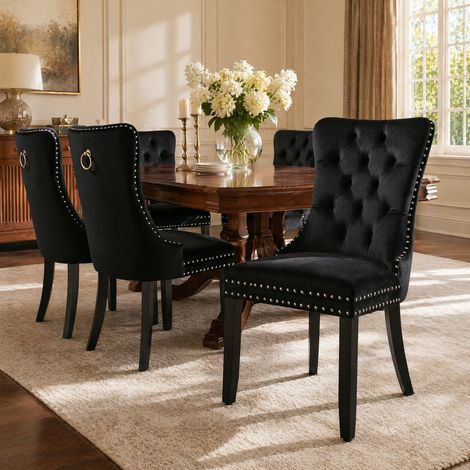 Silla de comedor 62x50x95 cm de terciopelo y madera negra, patas ajustables FloraGrace (1/5)