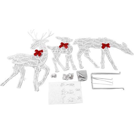 Set of three Christmas reindeer with lights, outdoor patio decoration, with LED lights and a red bow, mother reindeer and baby reindeer, garden decoration. (1/5)