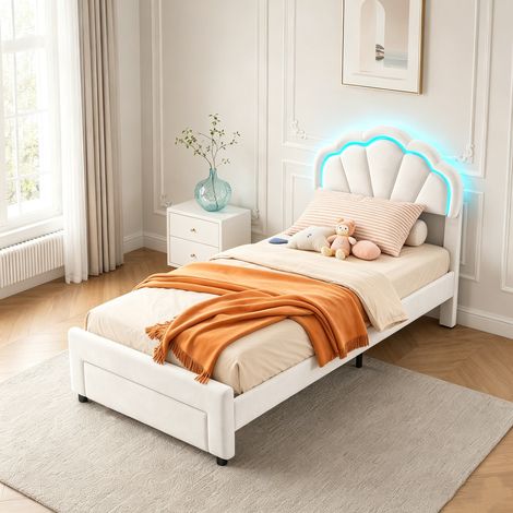 lit enfant 90 x 200, lit simple90 x 200 avec sommier, LED réglable et tiroir, Tête de lit en forme de fleur, velours, blanc (1/5)