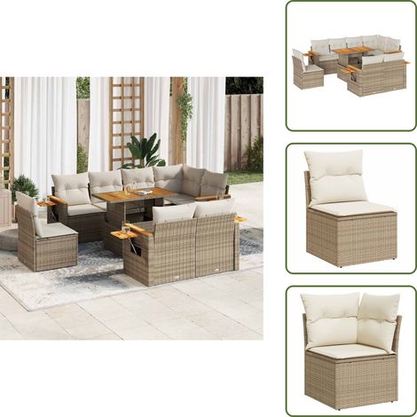 The Living Store 9-tlg. Garten-Sofagarnitur mit Kissen Beige Poly Rattan Akazie - Gartentisch (1/5)