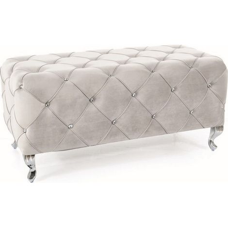 Pouf capitonné en velours gris clair avec pieds design en métal Lynda