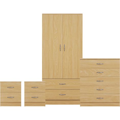Riano 4 Piece Bedroom Set (2 Drw Bedside Chest, 5 Drw Chest, 2 Dr 2 Drw Wardrobe), Pine (1/3)