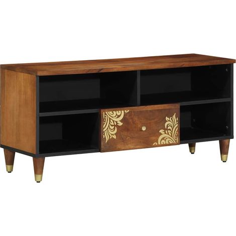 Mobile porta TV rettangolare moderno con pratico contenitore 100 x 33 x 46 cm in legno massello di mango color miele 020057875