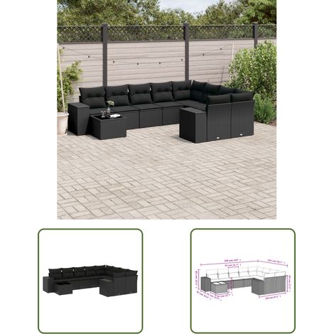 The Living Store 10-tlg. Garten-Sofagarnitur mit Kissen Schwarz Poly Rattan - Gartenmöbel Set - PE-Rattan Möbel - Outdoor Lounge - Esstisch Set - Balkonmöbel (1/3)
