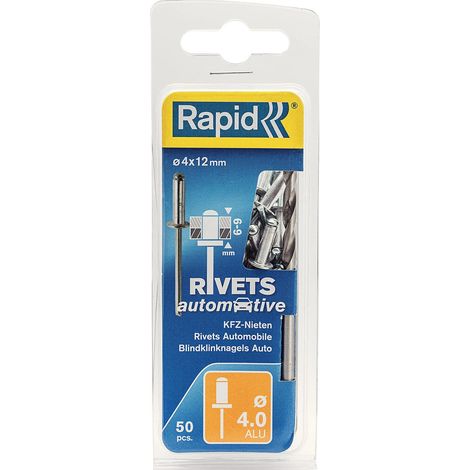 Rapid 5000405 Quick-Release Rivets for Automotive, 50 Pieces, Suitable for Drills, 4 x 12 mm