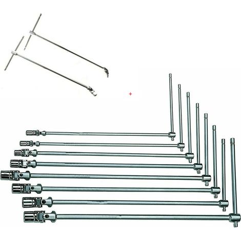 SET CHIAVI A T DOPPIO SNODO 10pz LUNGHE 9-19mm + 1/2"-3/8" SNODATE 45cm c