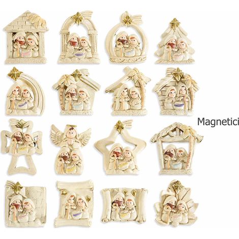 Presepe magnetico in resina colorata con Sacra Famiglia e dettagli dorati, set da 16 pezzi, cm 3,5 x 4,5 H
