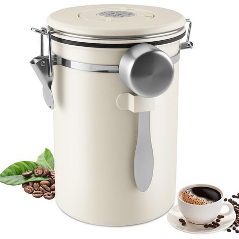 Boite a Cafe Hermetique En Acier Inoxydable, 1,8 L Boîte à Café étanche à l'air Avec Suivi De La Date et Bouilloire De Mesure Pour La Farine, Les Haricots, Le Thé (Blanc) (1/5)