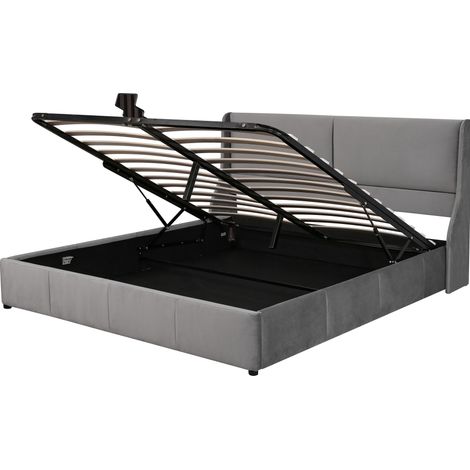 Cama baúl tapizada gris 180 x 200 con cabecero orejas y somier (1/5)