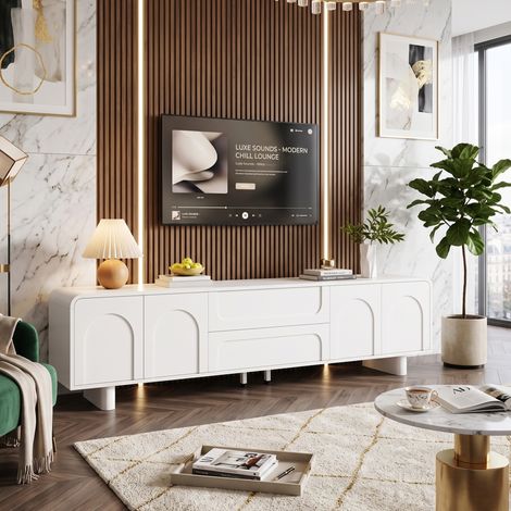 Creahappy Meuble TV 180x40x46 cm - Grand Rangement Salon avec 4 Portes et 2 Tiroirs - Design Moderne Blanc Angles Arrondis (1/5)