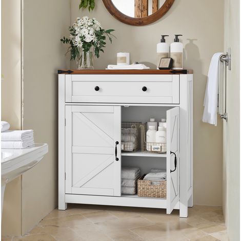 Buffet blanc avec tiroir, portes de grange et étagère réglable, 76x30x83 cm, pour cuisine, salle à manger et salle de bain (1/5)