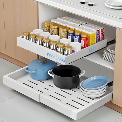 Tiroir télescopique, extensible de 32 à 55 cm, organisateur d'armoire avec toboggan, organisateur de placard coulissant pour cuisine (1/5)